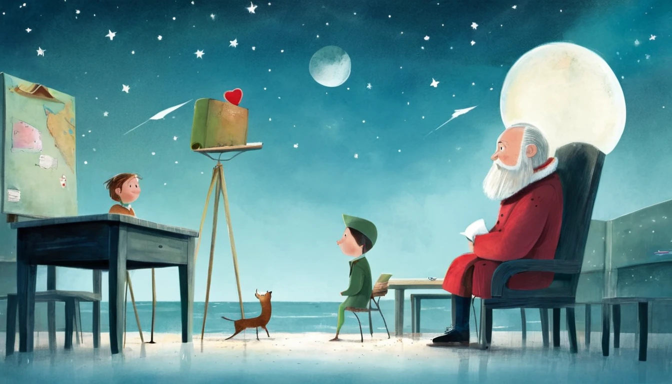 Create an illustration in the style of Oliver Jeffers, the Northern Irish artist and illustrator, depicting a story about love and education.