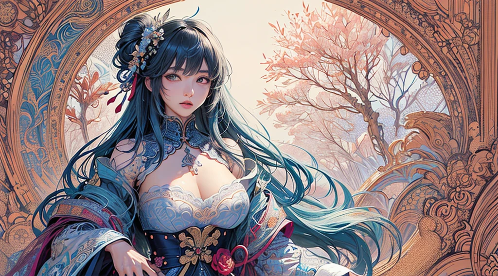 (​masterpiece、top-quality、top-quality、Official art、Beautifully Aesthetic:1.2)、(1girl in:1.3)、ighly detailed、(Fractal Art:1.1)、(Farbe:1.1) (florals:1.3)、(Yuko Higuchi:1.4)、Yuko Higuchi、(Yaw:1.2)、(line-drawing)、line-drawing、Pen drawing、zentangle、(Tattoo patterns:1.2)、(complex lines)、(​masterpiece)、(top-quality:1.1)、(Ultra-detail)、The best illustrations、finely detail、hand-drawn high quality、highly contrast、(Clean lines:1.3)、ligne claire、(portlate)、(very closeup:1.1)、1 girl in、Farbeful long hair、solo、Sexy bumps on the chest、Farbeful backgrounds、(intricate-detail:1.3)、(detailedbackground:1.2)、(coloured background:1.1)、Sketched、intricate-detail、hight resolution