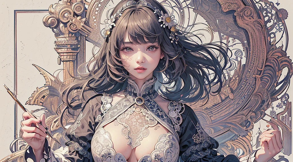 (masterpiece、top-quality、top-quality、Official art、Beautifully Aesthetic:1.2)、(1girl in:1.3)、ighly detailed、(Fractal Art:1.1)、(Farbe:1.1) (florals:1.3)、(Yuko Higuchi:1.4)、Yuko Higuchi、(Yaw:1.2)、(line-drawing)、line-drawing、Pen drawing、zentangle、(Tattoo patterns:1.2)、(complex lines)、(masterpiece)、(top-quality:1.1)、(Ultra-detail)、The best illustrations、finely detail、hand-drawn high quality、highly contrast、(Clean lines:1.3)、ligne claire、(portlate)、(very closeup:1.1)、1 girl in、Farbeful long hair、solo、Sexy bumps on the chest、Farbeful backgrounds、(intricate-detail:1.3)、(detailedbackground:1.2)、(coloured background:1.1)、Sketched、intricate-detail、hight resolution