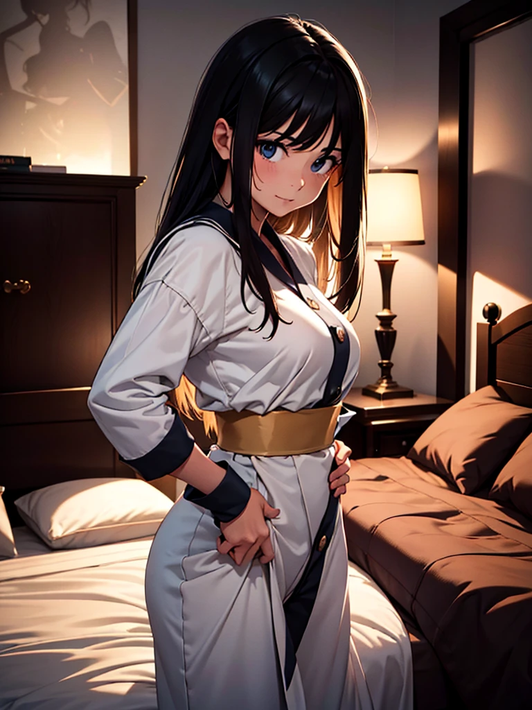 (masterpiece、top-quality、hight resolution、Unity 8k Wallpaper、extremely details CG:1), In a dimly lit hotel room, a man sits on the edge of the bed, looking shocked and uncomfortable. Standing in front of him is a woman dressed as an escort, who he quickly recognizes as the delinquent girl who used to bully him in school. Her expression is a mix of surprise and amusement as she realizes who he is. She stands with one hand on her hip and a teasing smile on her face, clearly enjoying his discomfort. The room is simple, with a bed, nightstand, and dim lighting, creating an intimate yet tense atmosphere. The focus is on their facial expressions and body language, highlighting the awkward and unexpected reunion.