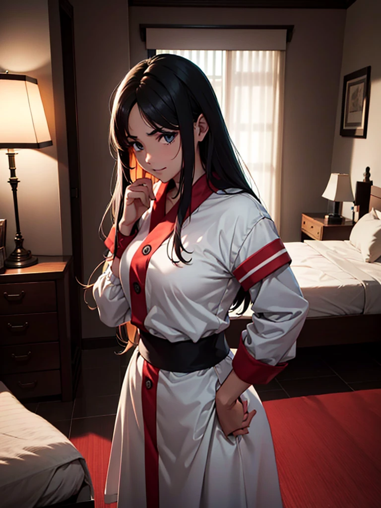 (masterpiece、top-quality、hight resolution、Unity 8k Wallpaper、extremely details CG:1), In a dimly lit hotel room, a man sits on the edge of the bed, looking shocked and uncomfortable. Standing in front of him is a woman dressed as an escort, who he quickly recognizes as the delinquent girl who used to bully him in school. Her expression is a mix of surprise and amusement as she realizes who he is. She stands with one hand on her hip and a teasing smile on her face, clearly enjoying his discomfort. The room is simple, with a bed, nightstand, and dim lighting, creating an intimate yet tense atmosphere. The focus is on their facial expressions and body language, highlighting the awkward and unexpected reunion.