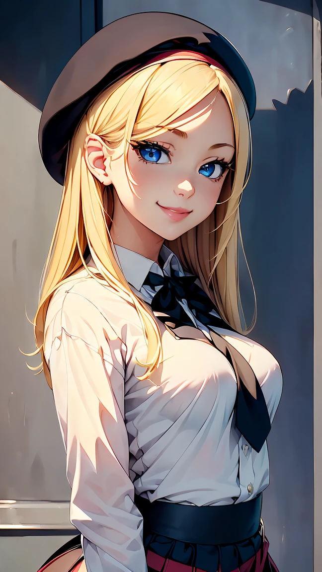 Highest quality,masterpiece,masterpiece portrait,Upper Body, Blonde、Blue Eyes、Pink lips、、White shirt、Black ribbon at chest、cartoonist、(((Slightly erotic)))、Wear a red beret、tilt your head and smile、Anime Style、Beauty、Her background is monochrome black、(((Looking at the camera facing the front)))、Looking up,oil