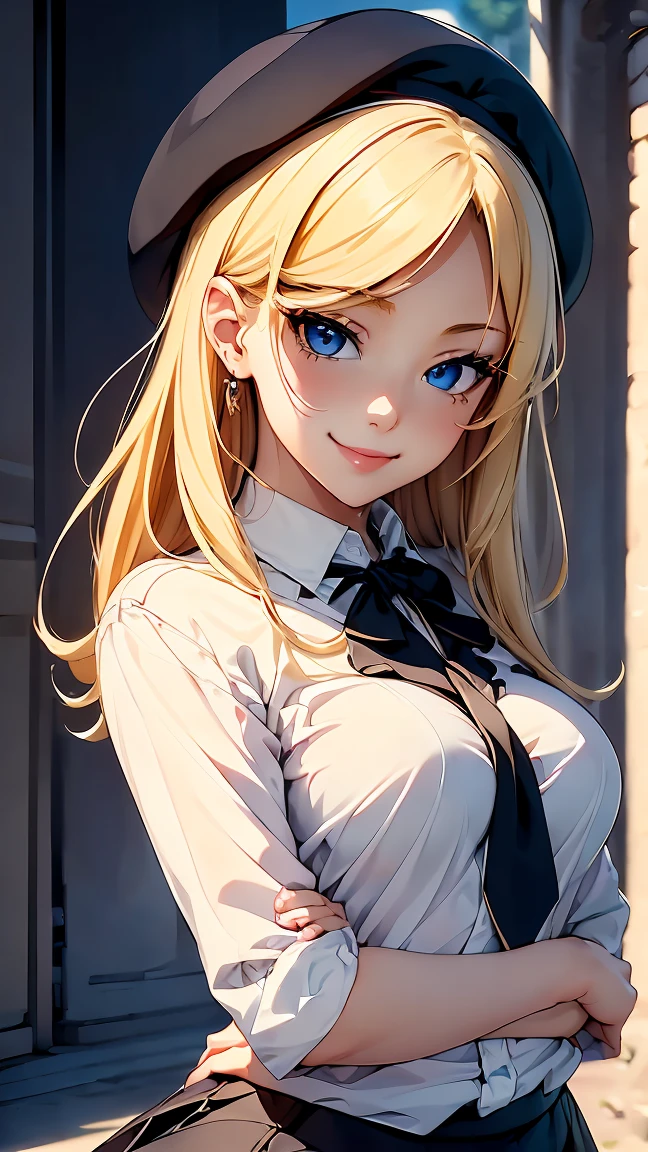 Highest quality,masterpiece,masterpiece portrait,Upper Body, Blonde、Blue Eyes、Pink lips、、White shirt、Black ribbon at chest、cartoonist、(((Slightly erotic)))、Wear a red beret、tilt your head and smile、Anime Style、Beauty、Her background is monochrome black、(((Looking at the camera facing the front)))、Looking up,oil
