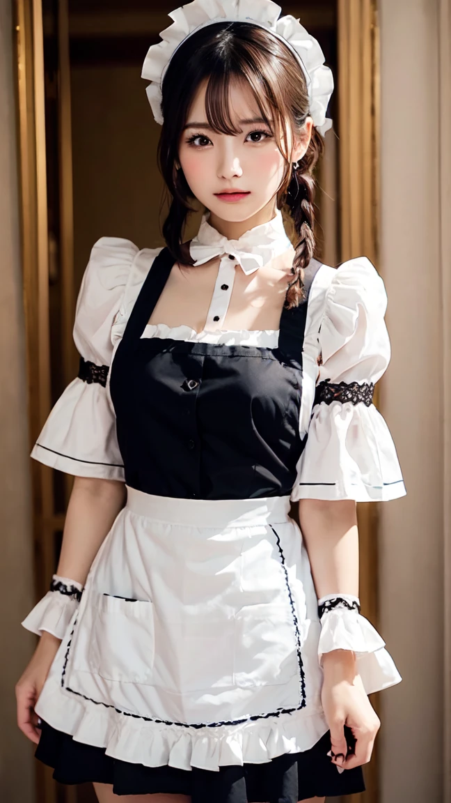 One Girl, apron, Black dress, blush, Braiding, dress, Eyebrows visible through hair, Frills, gloves, Hair between the eyes, jewelry, Juliet Sleeve, Long sleeve, Maid, Maid apron, maid's headdress, Puffy sleeves, short hair, Sitting, White apron, window, Huge 、Nogizaka Idol、Korean Idol、Burning idol pose、actress、Age 25、expensive、Cafe、restaurant, Official Art,Highly detailed CG Unity 8K wallpaper, (masterpiece:1.0),(highest quality:1.0), photo shoot, 8K, Browsing Caution, High resolution, Kodak Portrait 400, Film Grain, Lens flare brilliance,Show Viewer