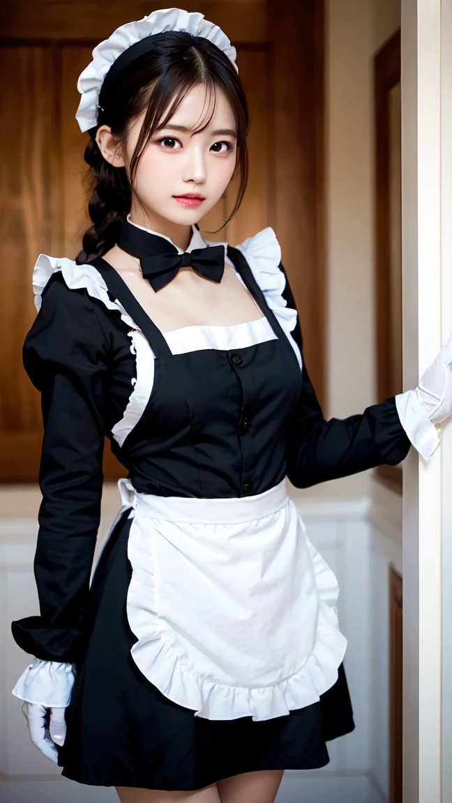 One Girl, apron, Black dress,  blush, Braiding, dress, Eyebrows visible through hair, Frills, gloves, Hair between the eyes, jewelry, Juliet Sleeve, Long sleeve, Maid, Maid apron, maid's headdress, Puffy sleeves, short hair, Sitting, White apron, window, Huge 、Nogizaka Idol、Korean Idol、Burning idol pose、actress、Age 25、expensive、Cafe、restaurant, Official Art，Highly detailed CG Unity 8K wallpaper, (masterpiece:1.0),(highest quality:1.0), photo shoot, 8K, Browsing Caution, High resolution, Kodak Portrait 400, Film Grain, Lens flare brilliance,Show Viewer