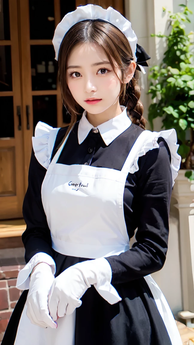 1girl, cafe maid, brunette, brown eyes, beautiful, maid outfit, smiling, realistic photography, ultra detail