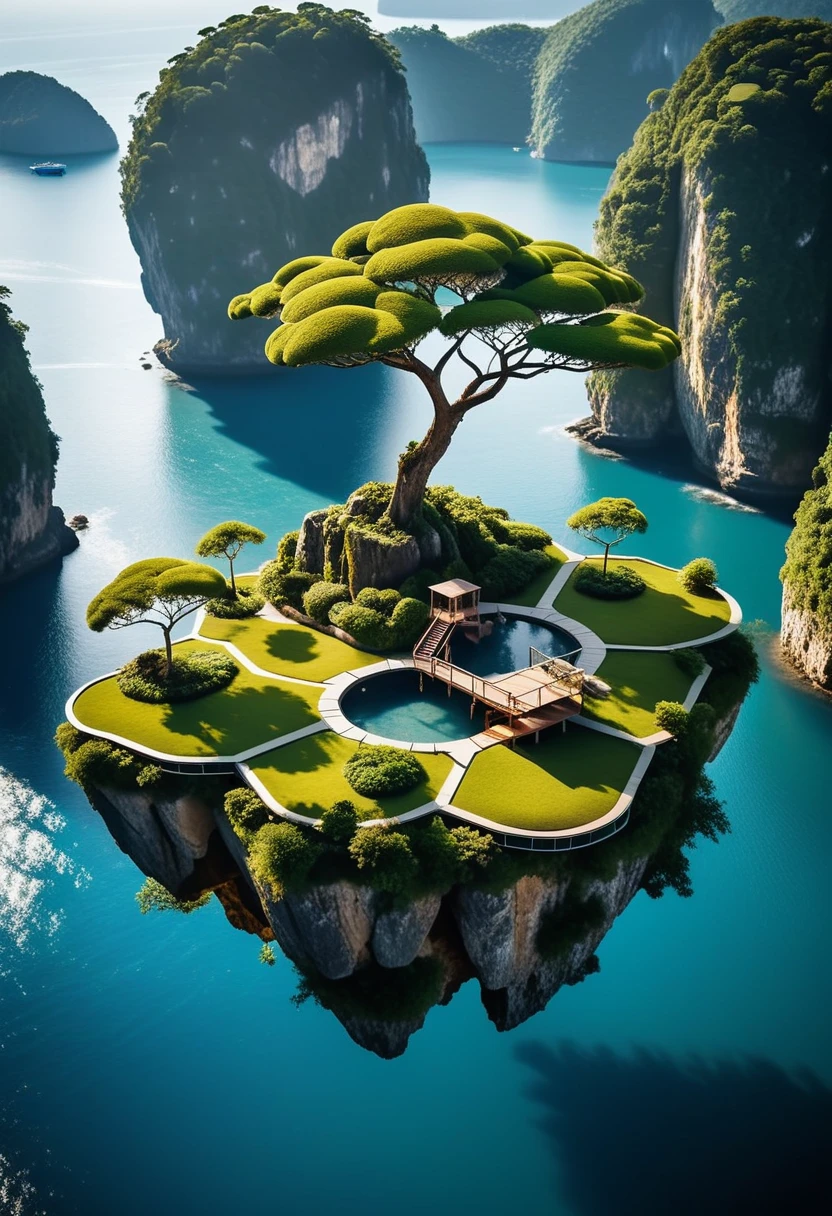 The movie is still surreal, A floating island with rocky cliffs, islands suspended in the air.Explanation of the suspended habitat of the island, Innovative tree structure, aerial walkways, Vertical Garden, Get along with nature, Imaginative and colorful,
Insanely complex details, Dazzling bright day . Shallow depth of field, Vignette, Very detailed, High Budget, Bokeh, Widescreen, Moody, epic, Gorgeous, Film Grain, Granular