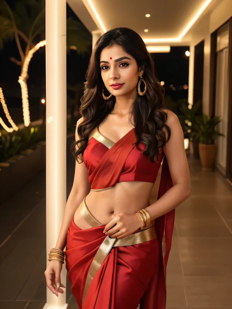 Create an ultra-realistic image of a modern, attractive female influencer of Indian descent, aged between 27 to 30. She should have a warm and inviting smile, expressive almond-shaped eyes with a slight shimmer, and clear, glowing skin with a medium brown complexion. Her features should be well-defined, with high cheekbones and a sharp jawline. Her hair should be long, thick, and wavy, styled in loose waves with a natural shine and bounce. She has a slender yet athletic build, reflecting a healthy and active lifestyle.
She is adorned in a red and black combo saree, with a sleeveless upper body cloth that accentuates her figure. The saree complements her complexion and enhances her sophisticated appearance. Her bust size is slightly increased, maintaining a natural and proportionate look. She wears red lipstick, adding a touch of glamour to her ensemble.
Accessories include subtle yet chic jewelry such as small hoop earrings and a few thin bangles. Her outfit is completed with stylish black heeled sandals that add elegance to her look. The background depicts a festive Diwali scene, with vibrant lights and decorations typical of the celebration, creating a warm and lively atmosphere. This setting contrasts with the urban setting, suggesting a cultural and cosmopolitan lifestyle.
Overall, her appearance exudes confidence, approachability, and sophistication, capturing the essence of a contemporary Indian fashion influencer celebrating during the Diwali festival.