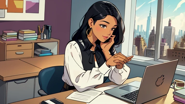 In the background there are many desks and people, Beautiful black-hair woman in her 30s sitting chair in an spacious and colorful office. looking down, relaxed atmosphere, cozy, LOFI girl, blouse, desk, documents, laptop, watch, smartphone, stationery, wide glass window, only five fingers, New York, colorful, can see skyscrapers outside the window, colorful wall, pierced earrings, ring, cabinet, offee cup, Well-proportioned face, Unbroken fingers, unbroken fingers, beautiful captured fingers, White skin, Japanese, She has nothing in her hands, Only two hands