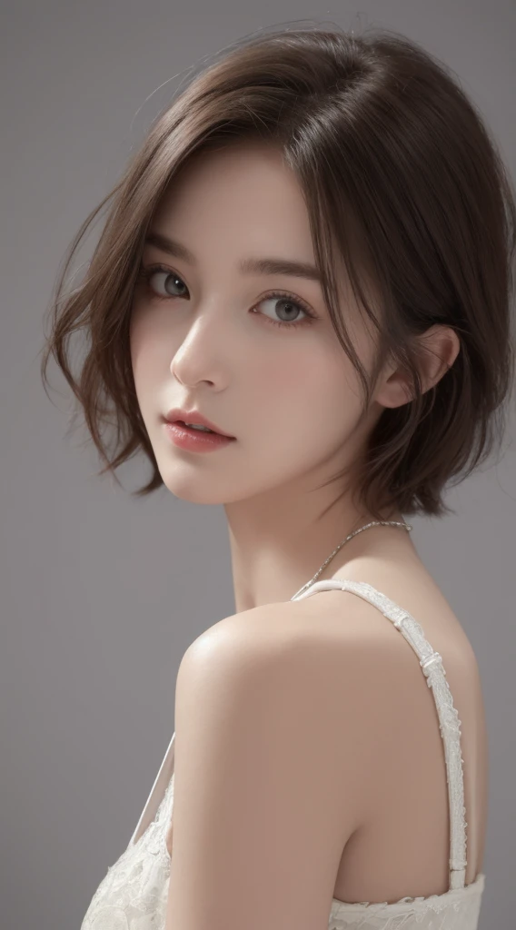 (((highest quality, 8k, masterpiece))), sharp focus, thin, cinematic lighting、perfection、soft light、high resolution skins:1.3、realistic skin texture、30 year old mature woman、small face、no makeup、short hair、dark brown hair、Detailed beautiful eyes、bust B cup、small breasts、wearing a pendant、Supermodel、cool beauty、gray background、