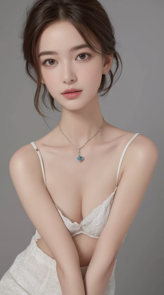 (((highest quality, 8k, masterpiece))), sharp focus, thin, cinematic lighting、perfection、soft light、high resolution skins:1.3、realistic skin texture、30 year old mature woman、small face、no makeup、short hair、dark brown hair、Detailed beautiful eyes、bust B cup、small breasts、wearing a pendant、Supermodel、cool beauty、gray background、