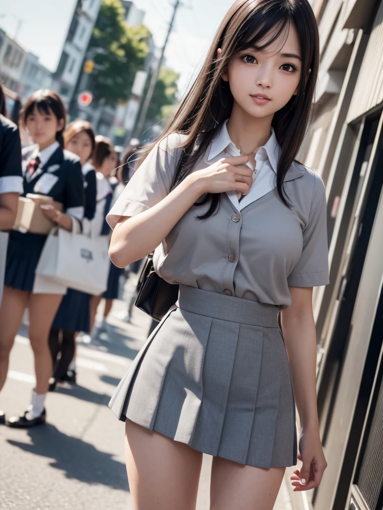 (8K, RAW Photos, Highest quality, masterpiece:1.2), (Realistic, photo-Realistic:1.4), (Highly detailed 8K wallpapers), Sharp focus, Depth of written boundary, Cinematic lighting, Soft Light,Eyes of delicate beauty,shiny smooth black Long Bob Hair, Asymmetrical bangs, Glowing Skin, Ultra-dense skin,High resolution, High Detail, Detailed hairstyle, Detailed facial beauty, hyper Realistic, Perfect limbs, Perfect Anatomy ,1 Japanese girl,Famous Japanese Idols, Perfect female body, Large Breasts,smile,Short eyelashes,double eyelid,Long Bob Hair, (school uniform : 1.3), (Micro Mini Skirt Grey Micro Mini Skirt:1.3),Watching the audience, (Crowded street:1.3),Cowboy Shot