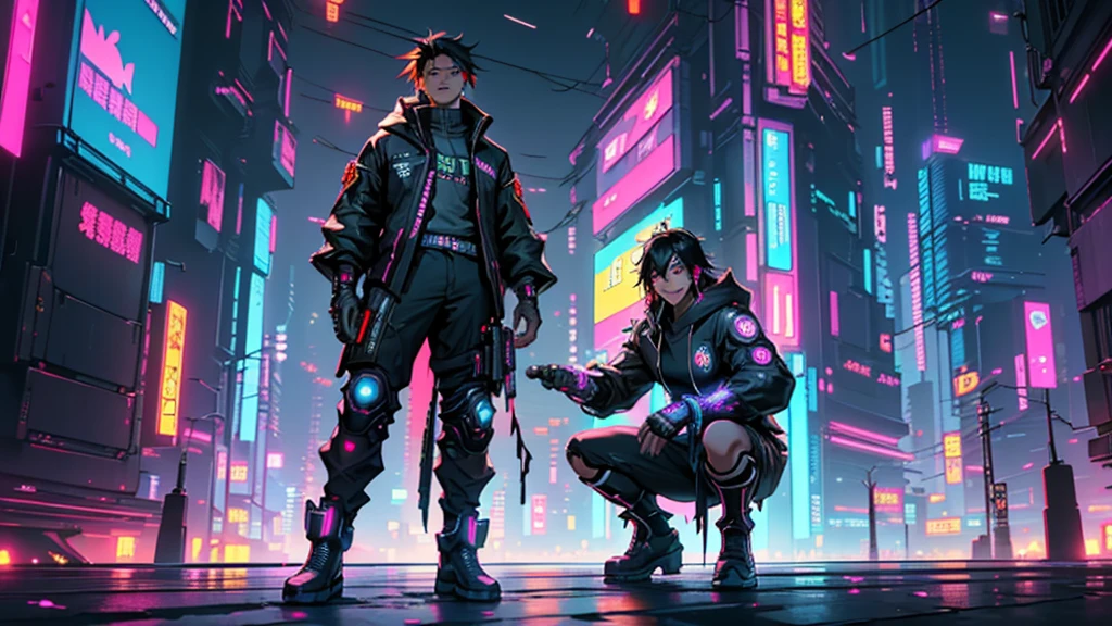 1 male、(a handsome guy:1.4)、(A confident smile:1.2)、(30 years old)、(Black Hairの)、(He has military weapons all over his body.,)、(Best image quality)、(8K quality)、(cyber punk)、(Tabletop)、(Shining Chinese traditional costume with hood)、(A confident smile:1.2)、(Full body photo)、(A large number of glowing flowers fly around:1.5)、Cinematic light, Cinema Shadow, Clear images, Very detailed, Volumetric, Bright sprites, Particle Effects, Beautiful Effects, Vibrant colors, neon, (ピンクのneonライト:1.5), Very detailed画像テクスチャ, Fine hair, Detailed face, Fine grain, Full body photo, city、Black Hair、Glowing red aura、Above the knees photo、Beautiful Effects, Vibrant colors, Very detailed画像テクスチャ, Fine hair, Fine grain,(Cyberpunk cityscape:1.5)、