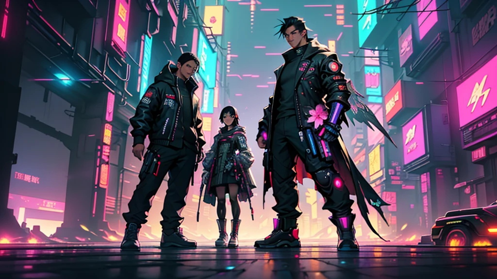 1 male、(a handsome guy:1.4)、(A confident smile:1.2)、(30 years old)、(Black Hairの)、(He has military weapons all over his body.,)、(Best image quality)、(8K quality)、(cyber punk)、(Tabletop)、(Shining Chinese traditional costume with hood)、(A confident smile:1.2)、(Full body photo)、(A large number of glowing flowers fly around:1.5)、Cinematic light, Cinema Shadow, Clear images, Very detailed, Volumetric, Bright sprites, Particle Effects, Beautiful Effects, Vibrant colors, neon, (ピンクのneonライト:1.5), Very detailed画像テクスチャ, Fine hair, Detailed face, Fine grain, Full body photo, city、Black Hair、Glowing red aura、Above the knees photo、Beautiful Effects, Vibrant colors, Very detailed画像テクスチャ, Fine hair, Fine grain,(Cyberpunk cityscape:1.5)、