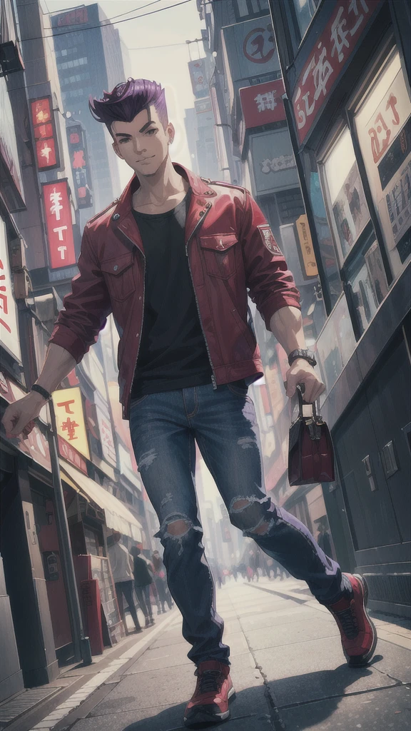 Bad boy, low angle, purple pompadour, red jacket and jeans, looking at camera, smiling, Tokyo city，Pocket Hand