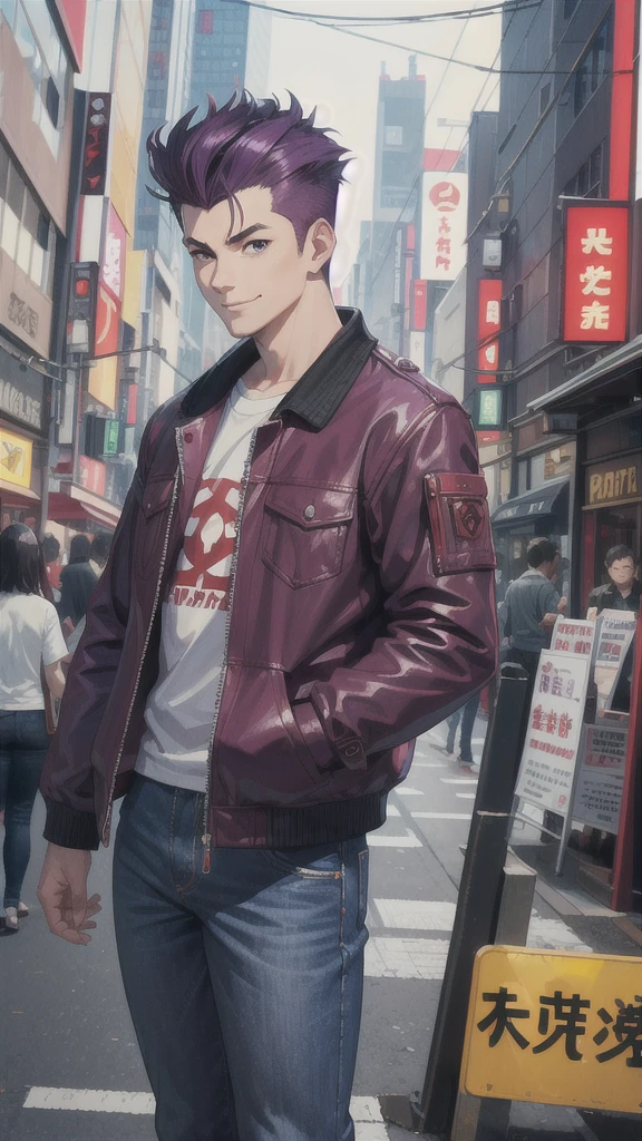 Bad boy, low angle, purple pompadour, red jacket and jeans, looking at camera, smiling, Tokyo city，Pocket Hand