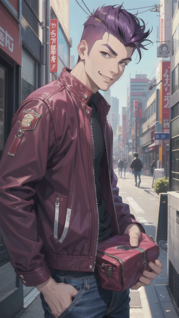 Bad boy, low angle, purple pompadour, red jacket and jeans, looking at camera, smiling, Tokyo city,Pocket Hand