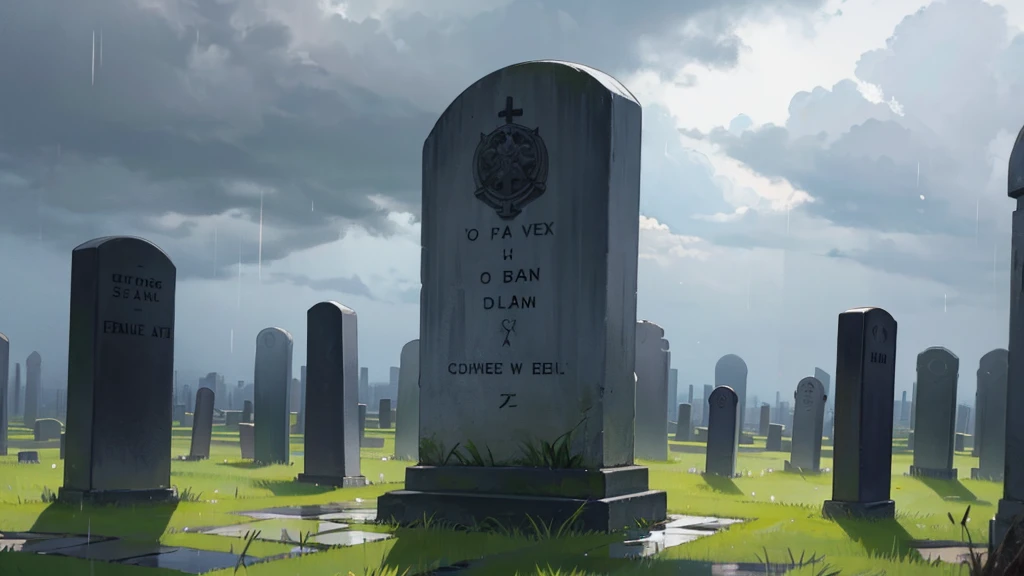 very small tombstone, rainy day, cloudy, without sun