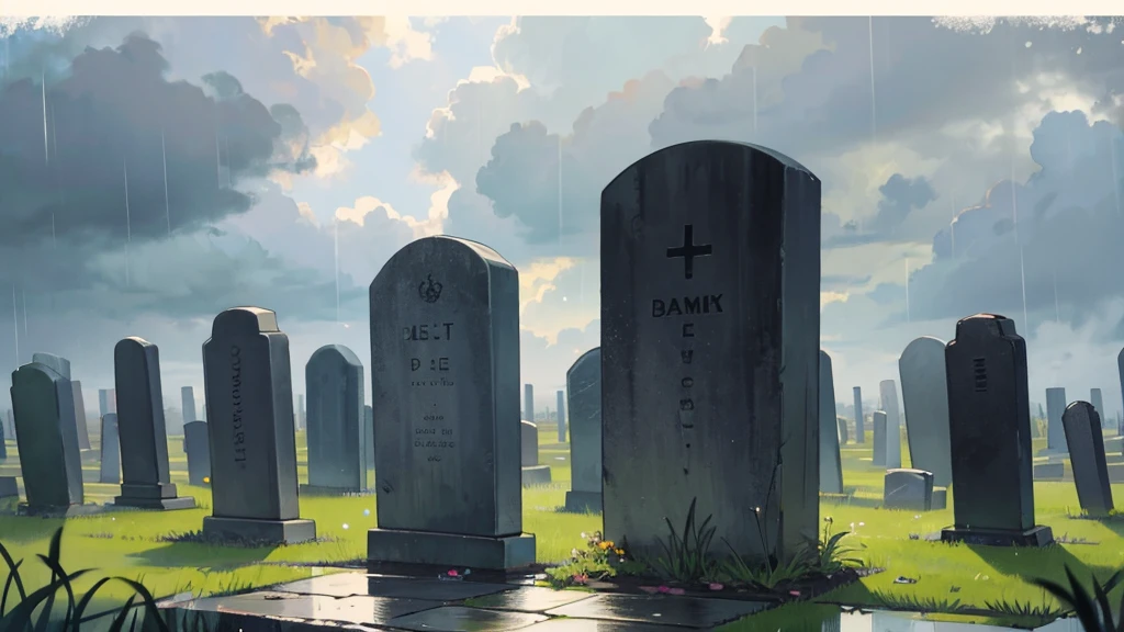 very small tombstone, rainy day, cloudy, without sun