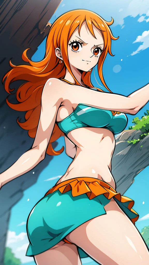 Generate a realistic anime-style image of Nami from One Piece. Capture her distinctive look with orange hair, a shirt, and a cheerful expression. Make sure the picture reflects your adventurous and confident personality as shown in the anime.., whole body, Wide plane , NSFW, Curvy athletic body, Island background,bra top, Skirt, orange eyes, orange eyes, armpits , ass .