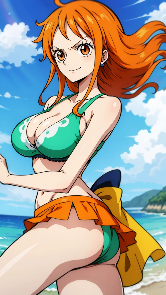 Generate a realistic anime-style image of Nami from One Piece. Capture her distinctive look with orange hair, a shirt, and a cheerful expression. Make sure the picture reflects your adventurous and confident personality as shown in the anime.., whole body, Wide plane , , Curvy athletic body, Island background, top, Skirt, orange eyes, orange eyes, armpits , ass .