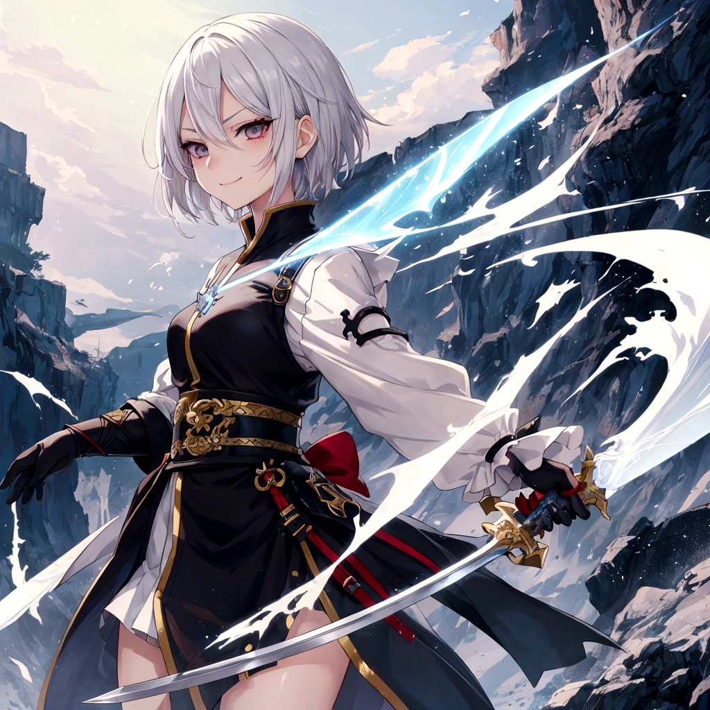 a close up of a person with a sword, by Shitao, pixiv, auto-destructive art, girl with short white hair, fullbody commission for, smirk expression, full color illustration, anime style”