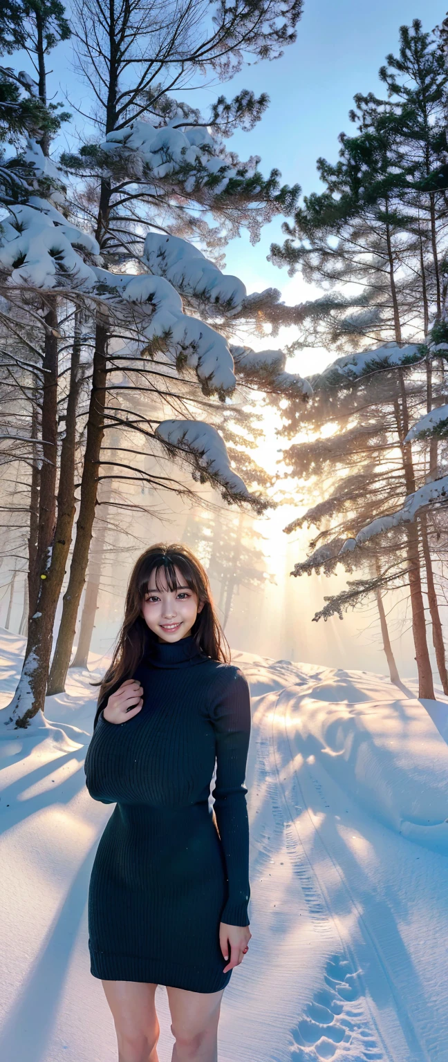 (Highest quality、masterpiece、8K、Best image quality、Hyperrealism、Award-winning works)、1 Girl、(10 year old girl:1.1)、(alone:1.1)、(1 photo:1.1)、(The perfect tight turtleneck knit sweater dress:1.1)、(Standing Elegantly:1.1)、(In a mysterious snowy forest:1.1)、(Mysterious and beautiful snow scenery:1.1)、(A lot of snow has fallen:1.1)、(Mysterious fog:1.1)、(A fantastic and beautiful snowy forest:1.1)、(wood々Beautiful sunlight shining through the gaps:1.1)、(Tyndall effect:1.1)、(It's snowing heavily:1.2)、(Blizzard:1.1)、Spectacular Cinema Lighting、(Shining beautiful snow:1.2)、(The delicate glow of snow:1.2)、(Full body photo of a woman standing gracefully:1.1)、(Accentuate your body lines:1.1)、(Thick legs:1.3)、(Glamorous Body:1.3)、(Very large breasts bigger than a face:1.85)、(Big Ass:1.3)、(Low length:1.2)、(height: 140cm:1.2)、Accurate anatomy、Perfect Makeup、Long eyelashes、Glossy Lips、Ultra HD glossy skin、(Ultra-high definition, bright and beautiful skin:1.1)、超高精細のGlossy Lips、Ultra-high definition beautiful teeth