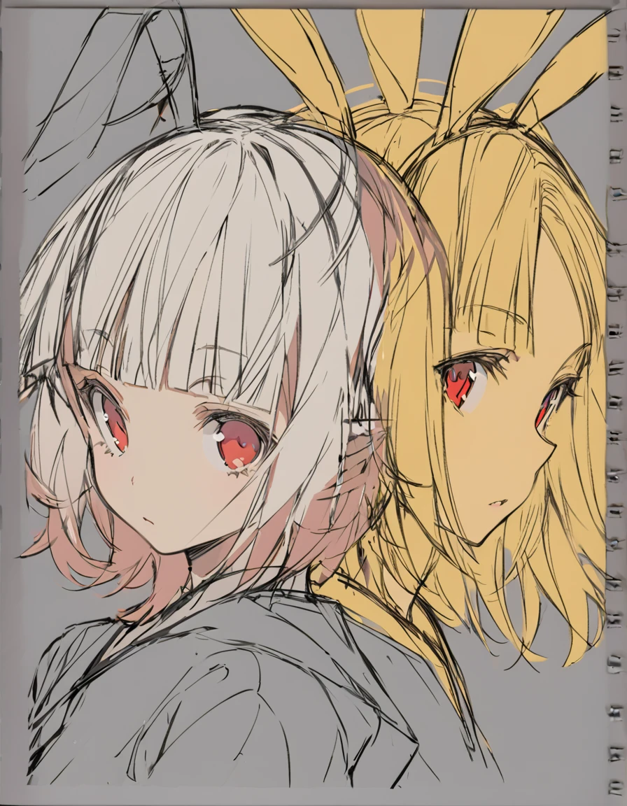Bunny ears girl(Sketches), (Open Close), (Small body), (White Hair:1.5) (Short Hair:1.4), (Red eyes)(Blunt bangs:1.3)Horns from the forehead