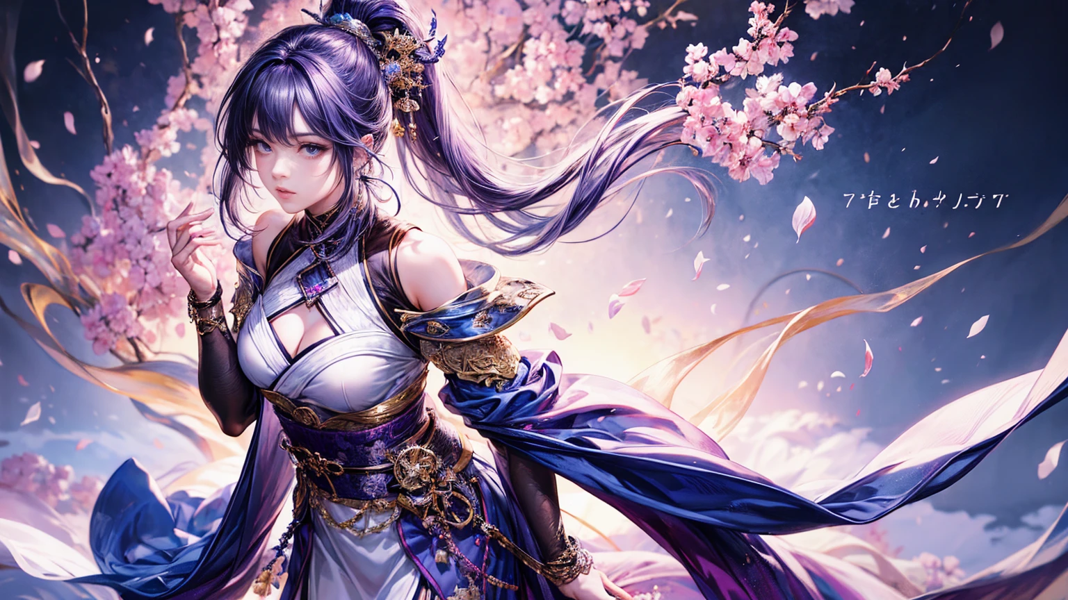 (Highest quality, 8K, CG), Beautiful and exquisite body,Midnight purple hair color,Long ponytail hair,Female ninja,Straight Hair,beautiful girl,Courtesan-style costume,Dancer,skirt,Japanese style, Gradient Hair, Purple eyes, Exquisite eye makeup, 長さ eyelashes fluttering, Starry Sky, Delicate lip detail, Soft and harmonious style,Exposed shoulders, bracelet,Suspended particles, Dynamic pose,One Girl,Glamour,sexy,Gripping the hilt of the sword