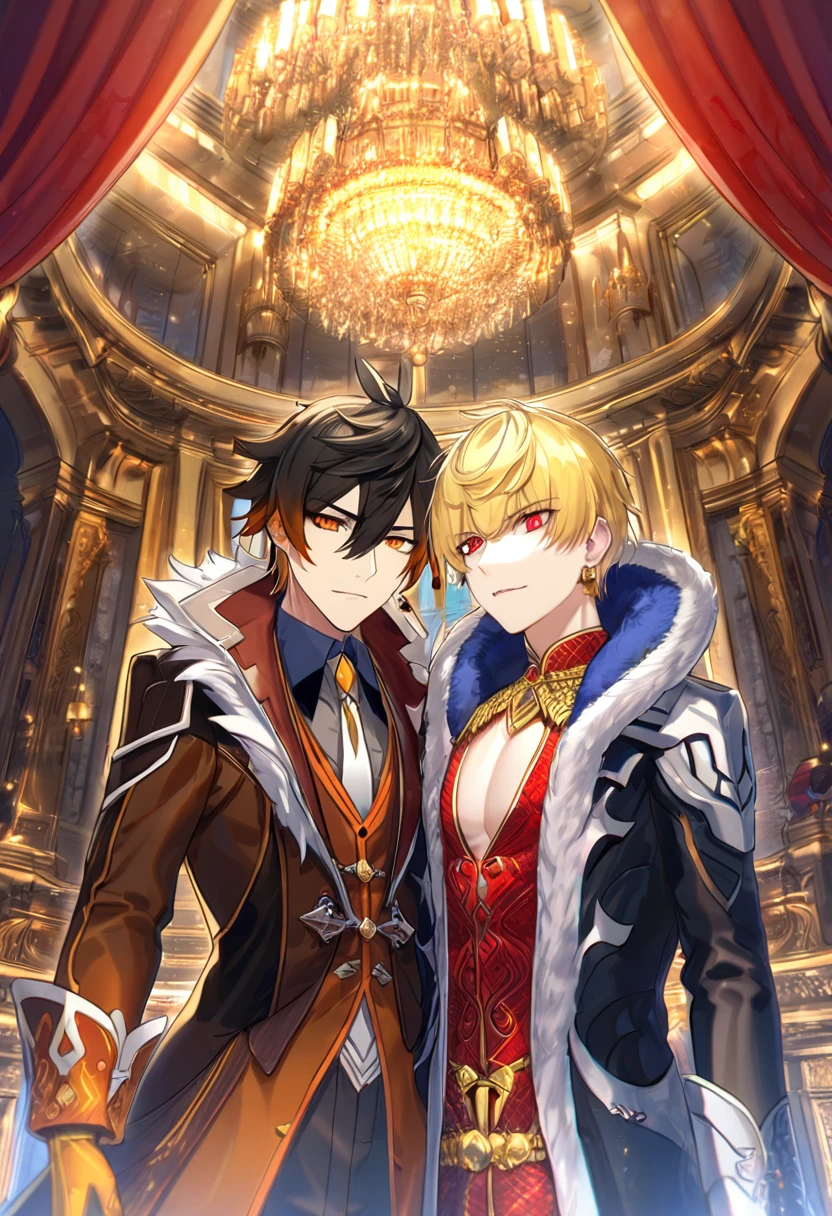 (absurdres, highres, ultra detailed, HDR) master piece, best quality, delicated features, (caster) Gilgamesh, blonde messy hair, expressive red eyes, fate grand order, Zhongli, black hair, expressive yellow eyes, two sexy men standing together, gay couple, handsome, black coat with fur, red coat with fur, inside a castle, chandelier, red curtains, fantasy, radiant