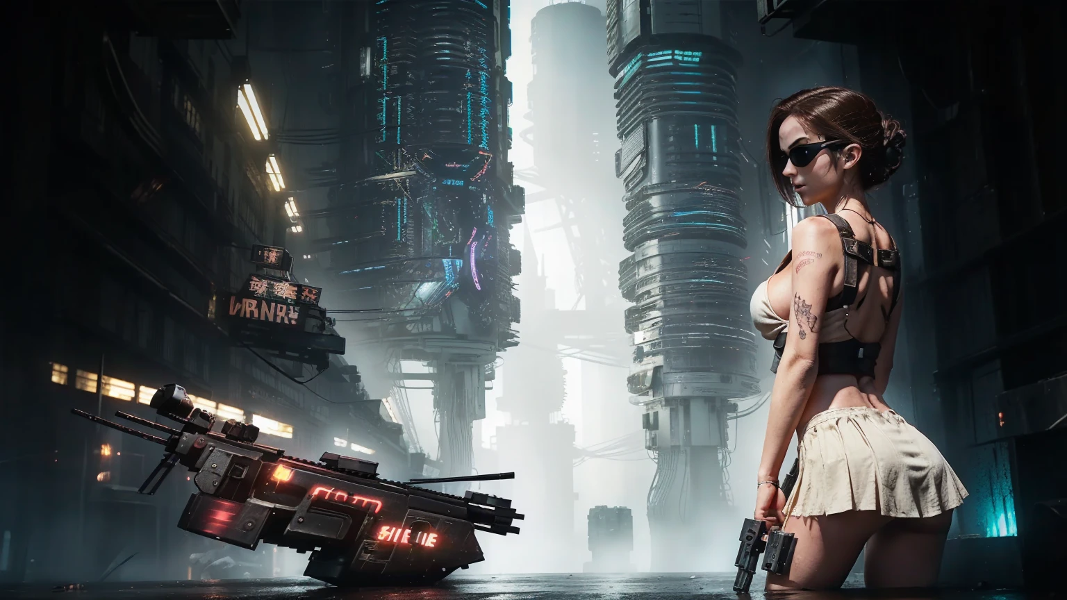 Close-up, a beautiful French woman, tattered clothes, wild long hair, tattered clothes , cleaveage, action movie scene, Dystopian Dinner Cinematic Blade Runner, natta, busy with neon signs, blade runner aesthetics,  film cinematography, gangue trash, attractive person, High emphasis on detail, wearing weather technology equipment, gangue trash, full of life, gangue trash, action movie shot by Kon Satoshi, style semi impasto, dark ink, Atmospheric, Ablaze, lighting dramatic, Beautiful  eyes, symmetric eyes, perfects eyes. Matrix style, (((Matrix cascading code))), (((a futuristic twin tower skyscraper with a unique twisted design))), (((OLED GUI interfaces in the building))), at night, (((((1girl, solo))))), photo realistic, (((((((large-breast:1.0 slim body, cleavage:1.4))))))), (((((off broken mini sling-shirt and black sling , extreamly short pleated  exposing ))))), (((((running pose))))), (((((((matrix style black micro sunglasses))))))), ((((((((((aiming with a short gun)))))))))), (((((looking at camera))))), (((very low view))), (((((half-body thigh level medium shot))))), (((cinematic lighting))).