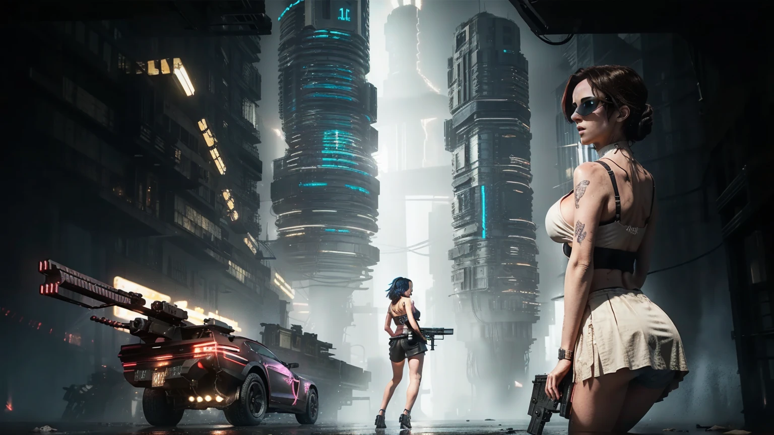 Close-up, a beautiful French woman, tattered clothes, wild long hair, tattered clothes , cleaveage, action movie scene, Dystopian Dinner Cinematic Blade Runner, natta, busy with neon signs, blade runner aesthetics, film cinematography, gangue trash, attractive person, High emphasis on detail, wearing weather technology equipment, gangue trash, full of life, gangue trash, action movie shot by Kon Satoshi, style semi impasto, dark ink, Atmospheric, Ablaze, lighting dramatic, Beautiful eyes, symmetric eyes, perfects eyes. Matrix style, (((Matrix cascading code))), (((a futuristic twin tower skyscraper with a unique twisted design))), (((OLED GUI interfaces in the building))), at night, (((((1girl, solo))))), photo realistic, (((((((large-breast:1.0 slim body, cleavage:1.4))))))), (((((off broken mini sling-shirt and black sling bra, extreamly short pleated miniskirt exposing panty))))), (((((running pose))))), (((((((matrix style black micro sunglasses))))))), ((((((((((aiming with a short gun)))))))))), (((((looking at camera))))), (((very low view))), (((((half-body thigh level medium shot))))), (((cinematic lighting))).