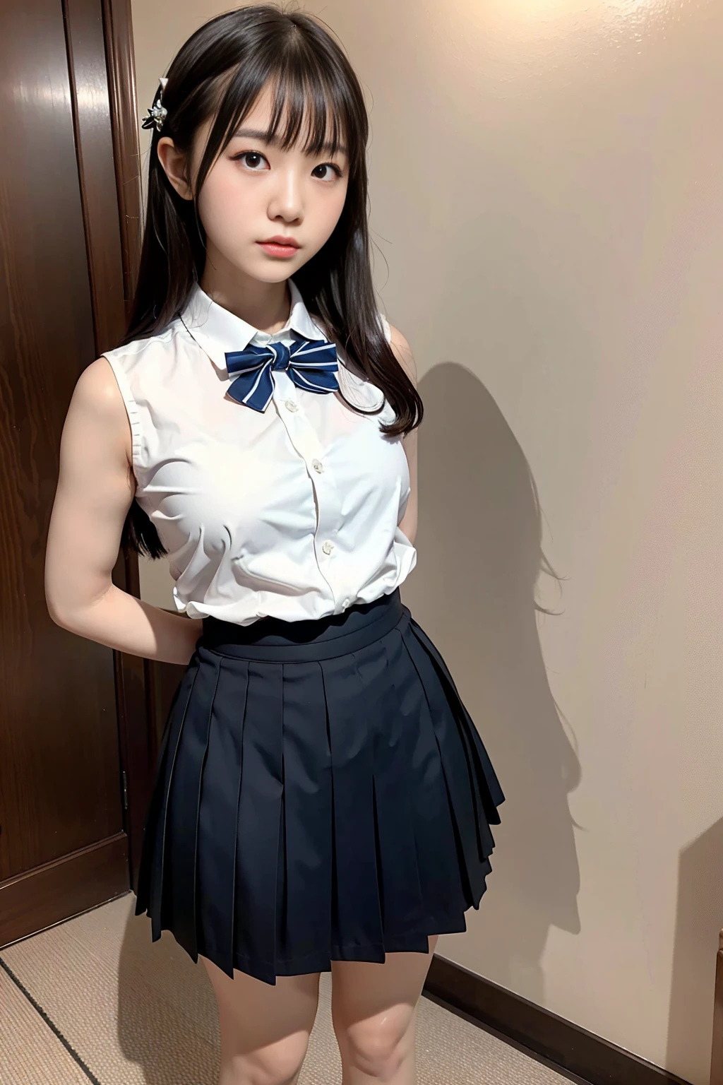 (masterpiece, Highest quality:1.2), full body shot, Bow tie, dress shirt, pleated skirt, Japanese Student Model, One girl, middle hair, alone, ((arms behind back)), Locked in the dungeons of the castle