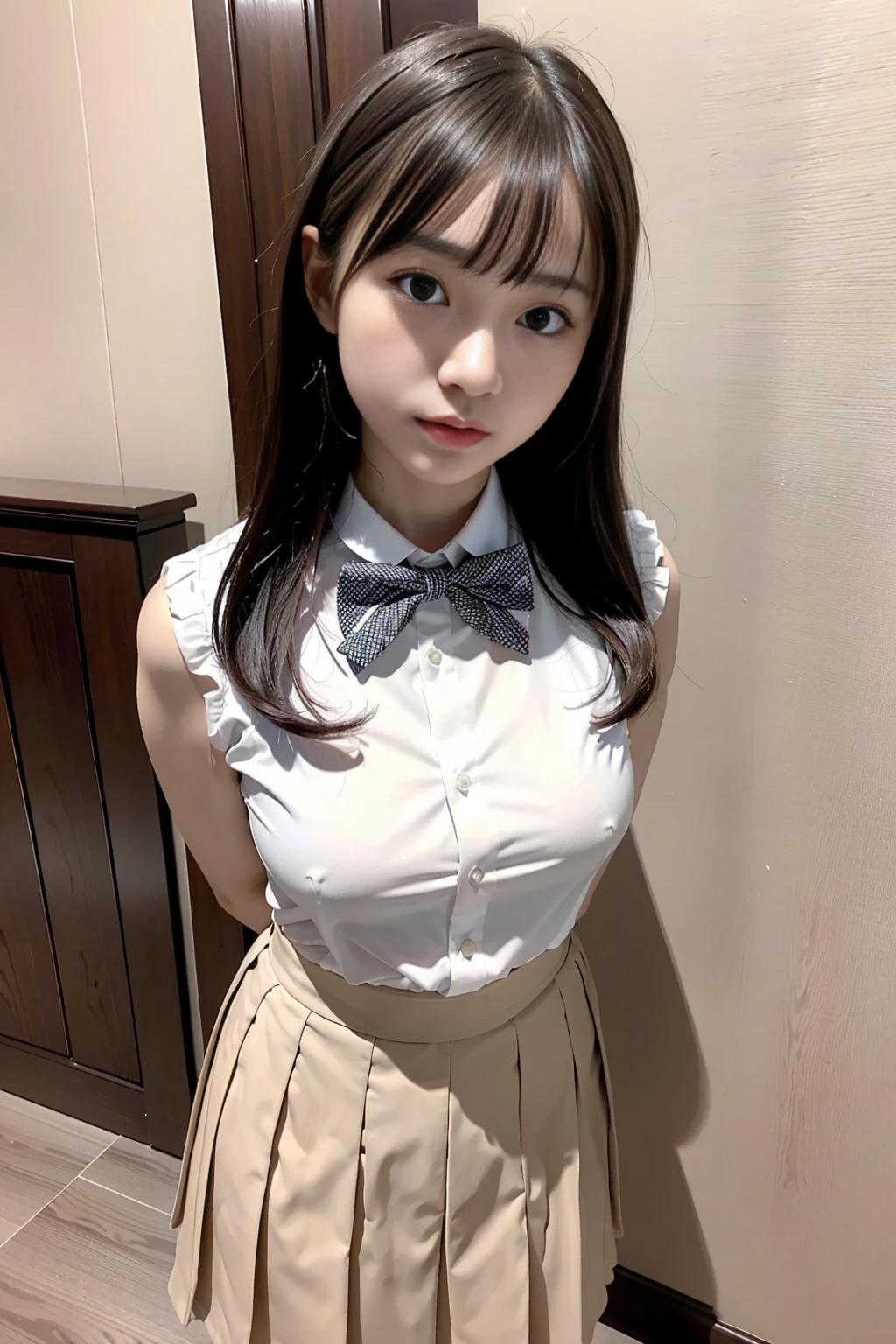 (masterpiece, Highest quality:1.2), full body shot, Bow tie, dress shirt, pleated skirt, Japanese Student Model, One girl, middle hair, alone, ((arms behind back)), Locked in the dungeons of the castle
