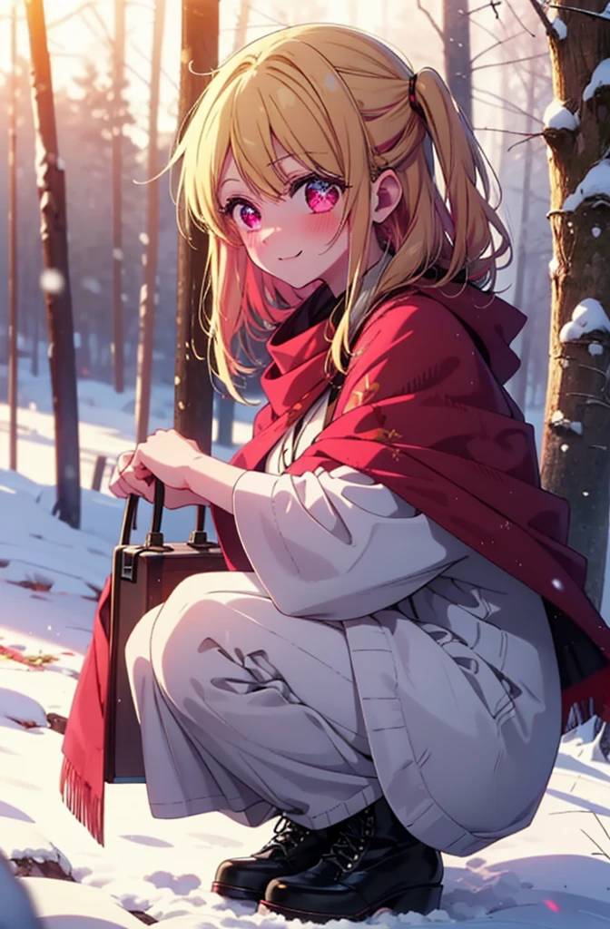 rubyhoshino, Hoshino Ruby, Long Hair, bangs, Blonde, (Pink Eyes:1.3), Side Lock, (Symbol-shaped pupil:1.5), Multicolored Hair, Two-tone hair, smile,,smile,blush,White Breath,
Open your mouth,snow,Ground bonfire, Outdoor, boots, snowing, From the side, wood, suitcase, Cape, Blurred, , forest, White handbag, nature, Squat, Mouth closed, Cape, winter, Written boundary depth, Black shoes, red Cape break looking at viewer, Upper Body, whole body, break Outdoor, forest, nature, break (masterpiece:1.2), Highest quality, High resolution, unity 8k wallpaper, (shape:0.8), (Beautiful and beautiful eyes:1.6), Highly detailed face, Perfect lighting, Highly detailed CG, (Perfect hands, Perfect Anatomy),