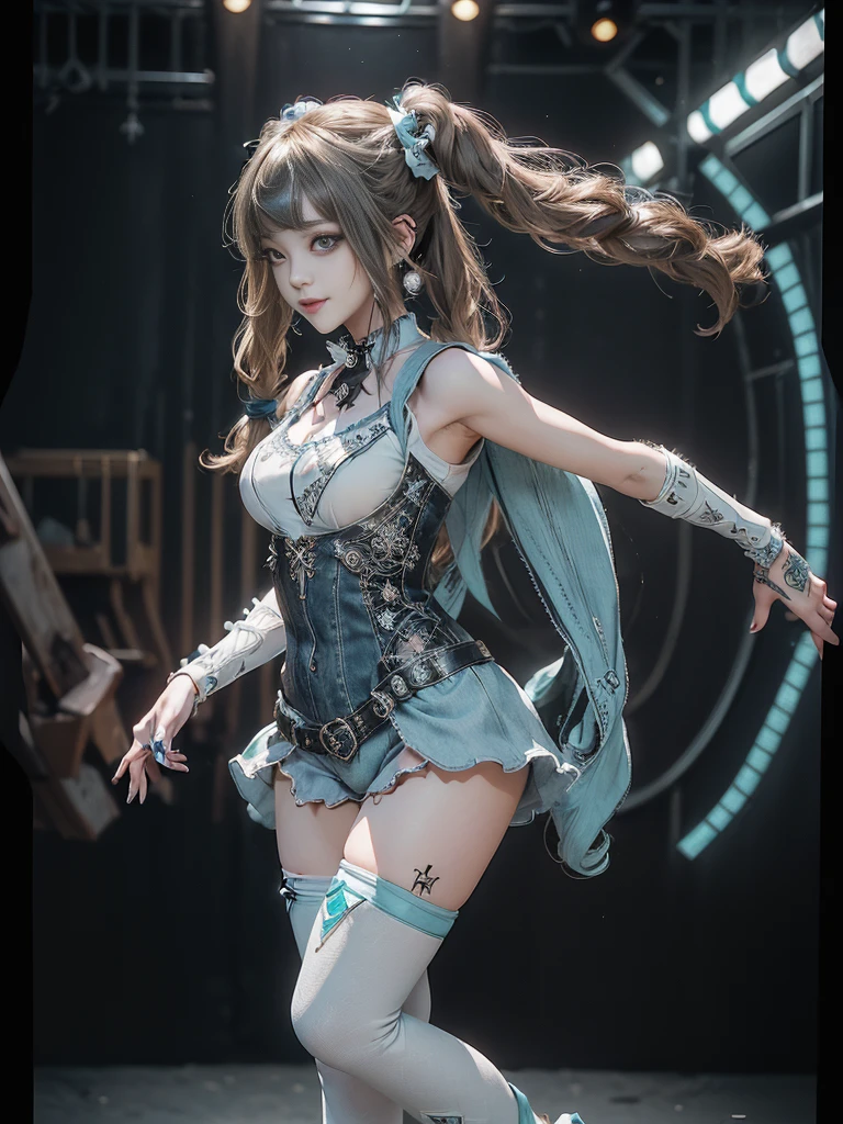 (Full Body View:1.4)、(Side view:1.1)、(Smiling with teeth showing:1.3),(Shibuya Gal:1.5)、(Gothic Lolita style fashion:1.5)、(Punk RockVisual Kei:1.5)、(Wearing a rhythmic gymnastics bodysuit with intricate details:1.4)、(Cloak de cour with delicate decorations in white, denim and turquoise:1.5)、(Denim with turquoise and white boots:1.3)、((belt))、(Numerous delicate logo marks all over the costume:1.4)、(collar:1.3)、(Striped underwear:1.5)、20-year-old、NSFW、((Highest quality、In 8K、masterpiece:1.3))、Sharp focus:1.2、(Layered Cut、Huge boobs:1.1),Beautiful woman with perfect figure:1.4、(Sexy Gravure Pose:1.3)、Slender Abs:1.2、Highly detailed face and skin texture、Detailed eyes、double eyelid,(Twin tails:1.3)、(Brown-golden hair:1.3)、Gravure idol、(The background is the stage of the fashion show:1.3)、(Slim body:1.3),(Make your legs thinner:1.4),(clavicle:1.1)、(Thin thighs:1.2)