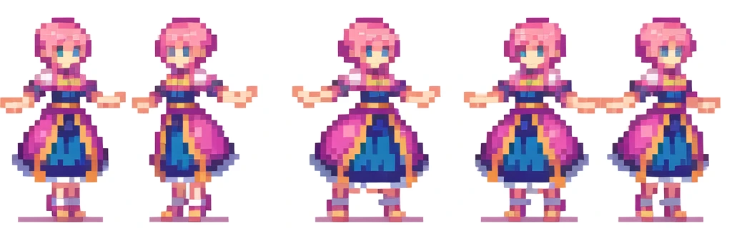 the very same person character chips , masterpiece , best quality , pixel , pixel art , xiangsu , xiang su , sequence frames , walking , 1 girl , fantasy clothes , full body , white background , heroine , deformed , sexy , chibi , 6 poses (put out one's left foot , put out one's right foot , 2 front-facing poses , 2 back poses) , Highly Exposed , pink clothes , pink hair , walking frame