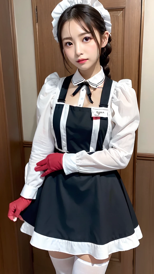 One Girl, apron, Black dress, blush, Braiding, dress, Eyebrows visible through hair, Frills, gloves, Hair between the eyes, jewelry, Juliet Sleeve, Long sleeve, Maid, Maid apron, maid's headdress, Puffy sleeves, short hair, Sitting, White apron, window, Huge 、Nogizaka Idol、Korean Idol、Burning idol pose、actress、Age 25、expensive、Cafe、restaurant, Official Art,Highly detailed CG Unity 8K wallpaper, (masterpiece:1.0),(highest quality:1.0), photo shoot, 8K, Browsing Caution, High resolution, Kodak Portrait 400, Film Grain, Lens flare brilliance,Show Viewer