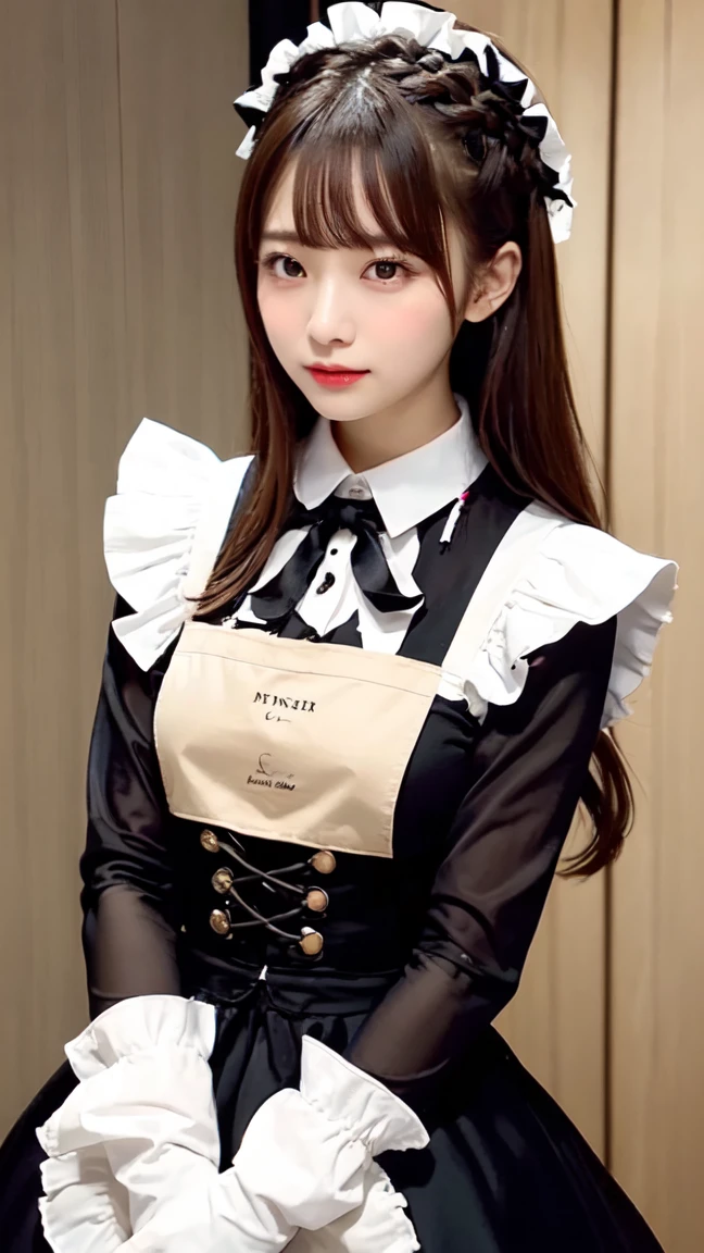 One Girl, apron, Black dress,  blush, Braiding, dress, Eyebrows visible through hair, Frills, gloves, Hair between the eyes, jewelry, Juliet Sleeve, Long sleeve, Maid, Maid apron, maid&#39;s headdress, Puffy sleeves, short hair, Sitting, White apron, window, Huge 、Nogizaka Idol、Korean Idol、Burning idol pose、actress、Age 25、expensive、Cafe、restaurant, Official Art，Highly detailed CG Unity 8K wallpaper, (masterpiece:1.0),(highest quality:1.0), photo shoot, 8K, Browsing Caution, High resolution, Kodak Portrait 400, Film Grain, Lens flare brilliance,Show Viewer