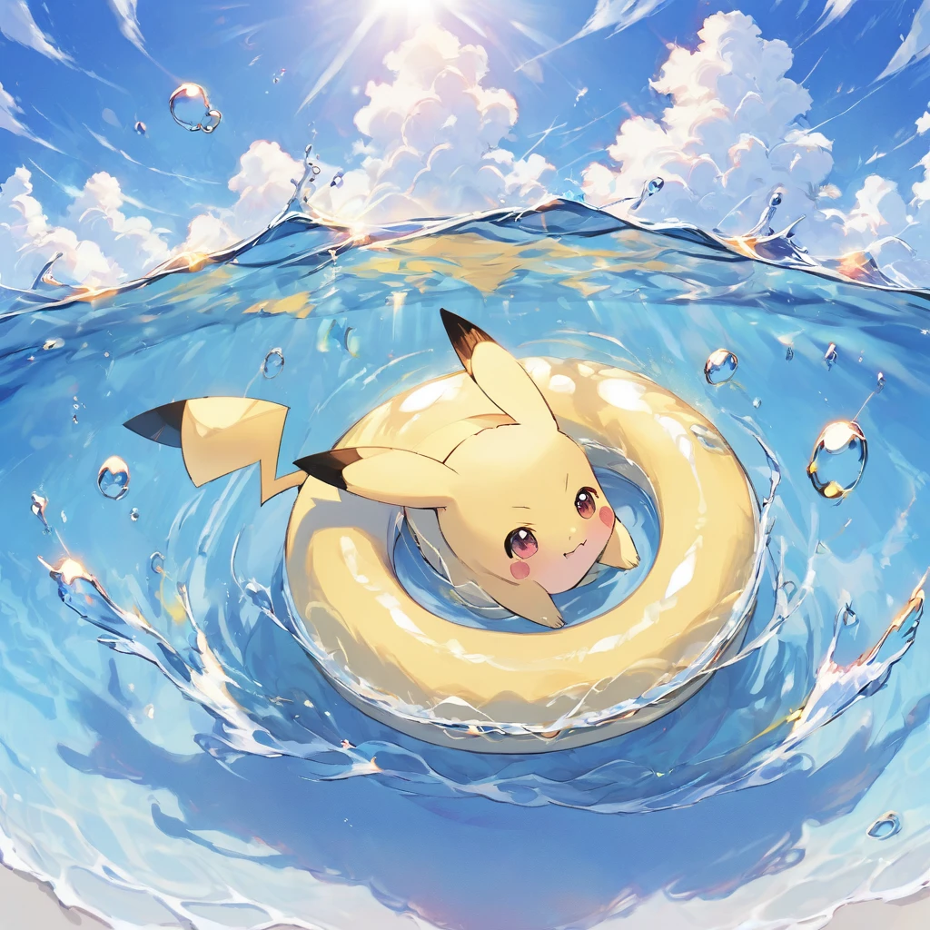 cute scene featuring Pikachu practicing swimming, Pikachu should be in a shallow pool or a calm body of water, looking determined and joyful. Use a bright and cheerful color palette with soft, painterly strokes. Include elements like a small floatation device or swim ring, water splashes around Pikachu, and perhaps a few playful bubbles. The background should feature a sunny day with clear skies, and maybe some gentle waves or distant beach scenery.