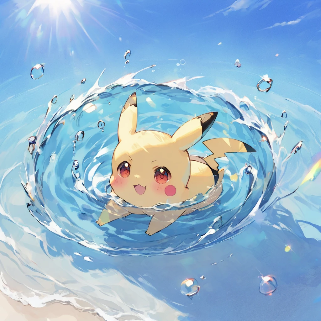 cute scene featuring Pikachu practicing swimming, Pikachu should be in a shallow pool or a calm body of water, looking determined and joyful. Use a bright and cheerful color palette with soft, painterly strokes. Include elements like a small floatation device or swim ring, water splashes around Pikachu, and perhaps a few playful bubbles. The background should feature a sunny day with clear skies, and maybe some gentle waves or distant beach scenery.