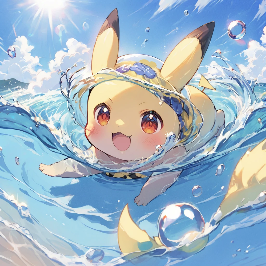 cute scene featuring Pikachu practicing swimming, Pikachu should be in a shallow pool or a calm body of water, looking determined and joyful. Use a bright and cheerful color palette with soft, painterly strokes. Include elements like a small floatation device or swim ring, water splashes around Pikachu, and perhaps a few playful bubbles. The background should feature a sunny day with clear skies, and maybe some gentle waves or distant beach scenery.