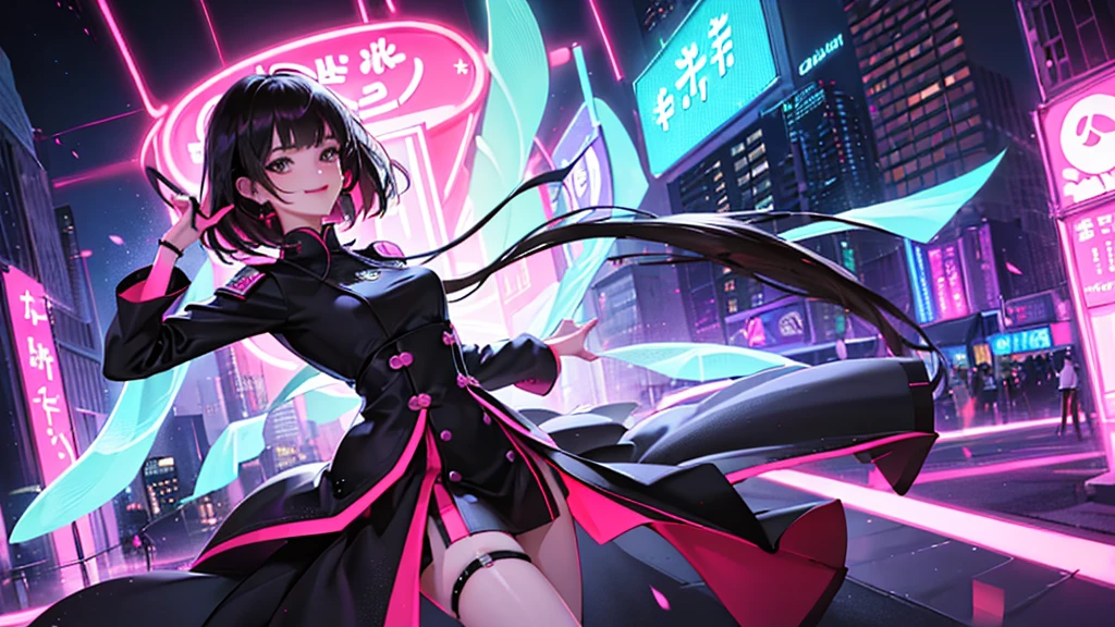 1 male、(a handsome guy:1.4)、(A confident smile:1.2)、(30 years old)、(Brunette color hair)、(Best image quality)、(8K quality)、(Cyberpunk characters)、(Tabletop)、(Wear a military uniform with a shiny cyberpunk hood)、(A confident smile:1.2)、(Full body photo)、(Excessively bright flowers fly:1.5)、Cinematic light, Cinema Shadow, Clear images, Very detailed, volume, Bright fairy, particles effect, Beautiful Effects, Vibrant colors, Neon Light, (ピンクのNeon Light:1.5), Very detailed画像テクスチャ, Fine hair, Detailed face, Fine grain, Full body photo, city、Black Hair、Shimmering red glow、Above the knees photo、Beautiful Effects, Vibrant colors, Very detailed画像テクスチャ, Fine hair, Fine grain,(サイバーパンクな都city風景:1.5)、