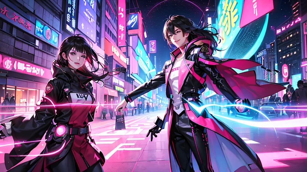 1 male、(a handsome guy:1.4)、(A confident smile:1.2)、(30 years old)、(Brunette color hair)、(Best image quality)、(8K quality)、(Cyberpunk characters)、(Tabletop)、(Wear a military uniform with a shiny cyberpunk hood)、(A confident smile:1.2)、(Full body photo)、(Excessively bright flowers fly:1.5)、Cinematic light, Cinema Shadow, Clear images, Very detailed, volume, Bright fairy, particles effect, Beautiful Effects, Vibrant colors, Neon Light, (ピンクのNeon Light:1.5), Very detailed画像テクスチャ, Fine hair, Detailed face, Fine grain, Full body photo, city、Black Hair、Shimmering red glow、Above the knees photo、Beautiful Effects, Vibrant colors, Very detailed画像テクスチャ, Fine hair, Fine grain,(サイバーパンクな都city風景:1.5)、
