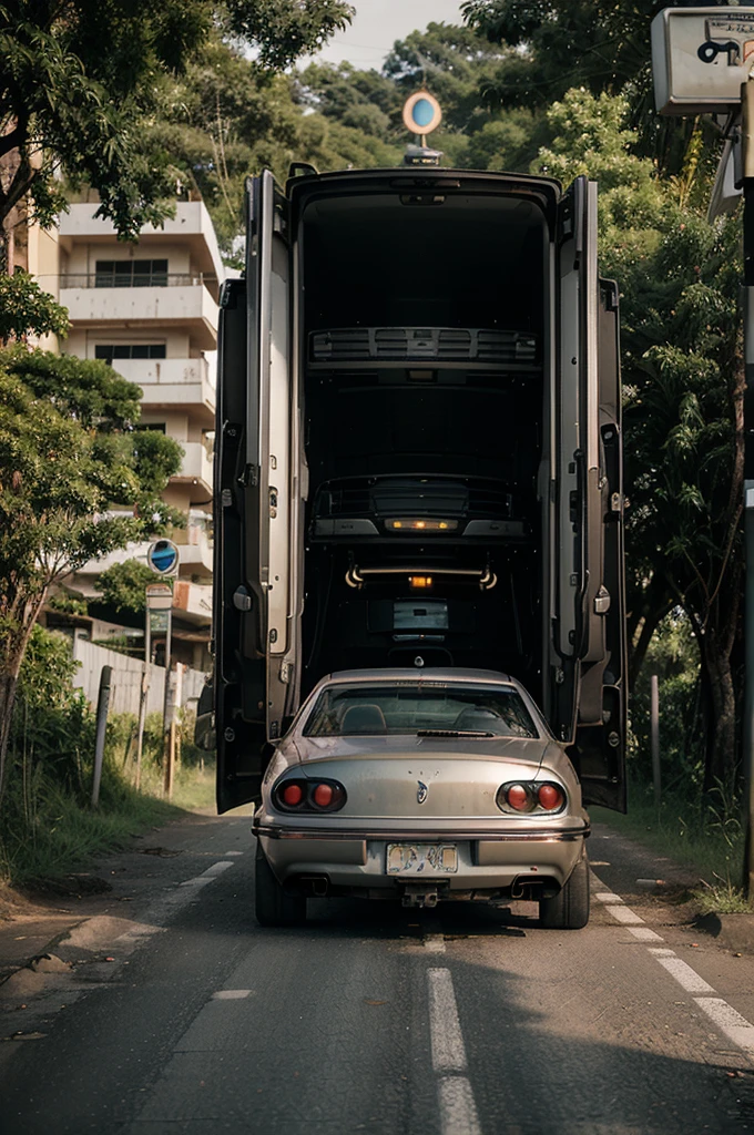 rural curve road in thailand,hi-tech silver bronze back to the future car,wing doors openned,twilight,backlit,Roadside traffic signs,The man who owned the car was standing next to the car.
