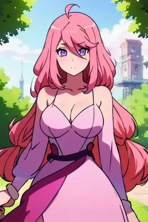 A pink haired woman with violet eyes with an hourglass figure in a summer dress is blushing with a bouquet of peonies in the park