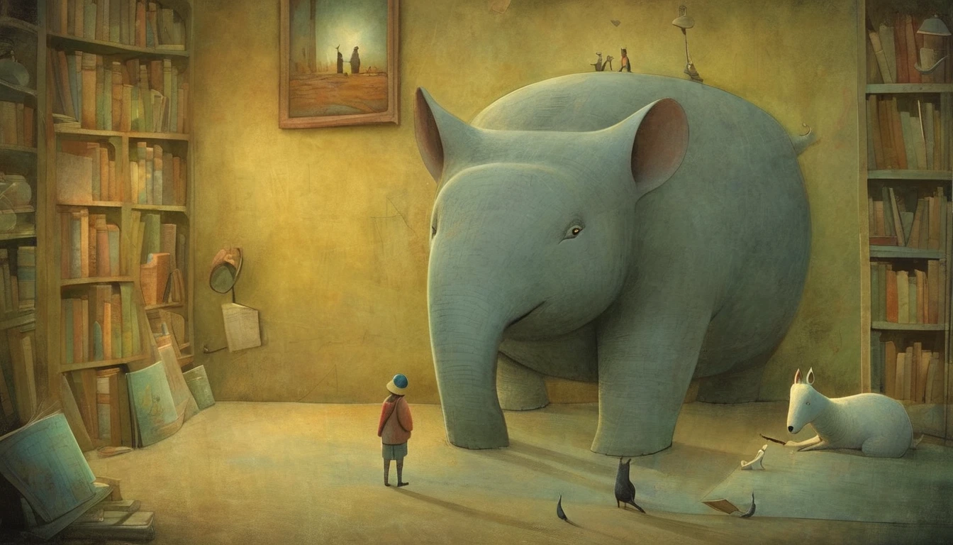 Create an illustration in the style of Shaun Tan, the Australian illustrator, depicting a story about love and education.