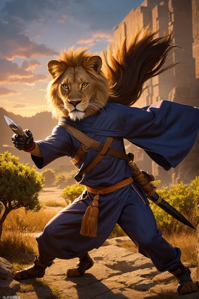 "A hyper-realistic yet Pixar-style cute image of an anthropomorphic lion dressed as a ninja. The lion has a human-like body but retains adorable feline features such as a mane and expressive eyes, wearing a small-sized traditional ninja outfit with a mask and holding a tiny kunai. The background is a picturesque, animated Japanese savannah with gentle lighting and a magical, enchanting atmosphere."