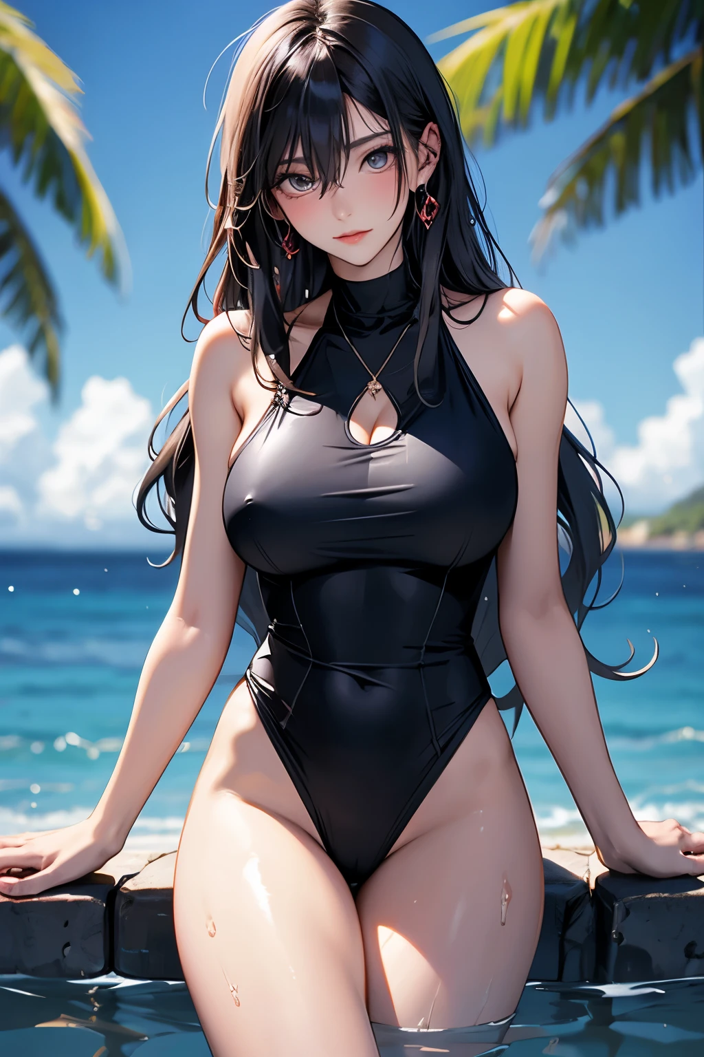 Masterpiece, Best Quality, Beautiful Girl, Swimsuit, Top, Wet Skin, Big Breasts, Sexy,