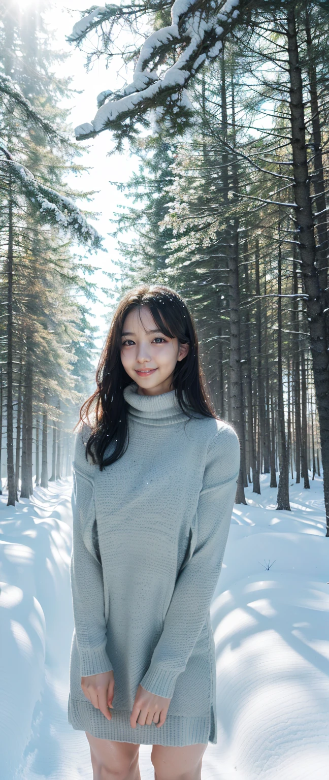 (Highest quality、masterpiece、8K、Best image quality、Hyperrealism、Award-winning works)、1 Girl、(20 year old girl:1.1)、(alone:1.1)、(1 photo:1.1)、(The perfect tight turtleneck knit sweater dress:1.1)、(Standing Elegantly:1.1)、(In a mysterious snowy forest:1.1)、(Mysterious and beautiful snow scenery:1.1)、(A lot of snow has fallen:1.1)、(Mysterious fog:1.1)、(A fantastic and beautiful snowy forest:1.1)、(wood々Beautiful sunlight shining through the gaps:1.1)、(Tyndall effect:1.1)、(It&#39;s snowing heavily:1.2)、(Blizzard:1.1)、Spectacular Cinema Lighting、(Shining beautiful snow:1.2)、(The delicate glow of snow:1.2)、(Full body photo of a woman standing gracefully:1.1)、(Accentuate your body lines:1.1)、(Thick legs:1.3)、(Glamorous Body:1.3)、(Very large breasts bigger than a face:1.85)、(Big Ass:1.3)、(Low length:1.2)、(height: 140cm:1.2)、Accurate anatomy、Perfect Makeup、Long eyelashes、Glossy Lips、Ultra HD glossy skin、(Ultra-high definition, bright and beautiful skin:1.1)、超高精細のGlossy Lips、Ultra-high definition beautiful teeth